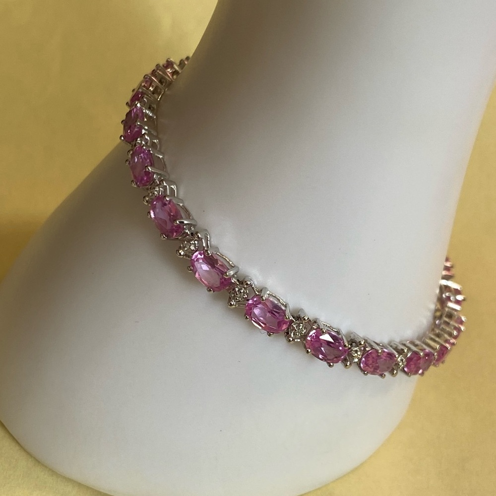 Solid 10K W-Gold Oval Pink Tourmaline 2-Diamonds/Illusions Throughout Tennis - Picture 1 of 9